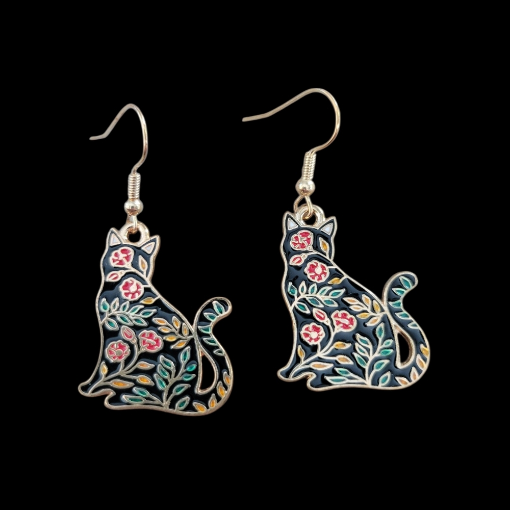 Black Cat with Flowers Earrings